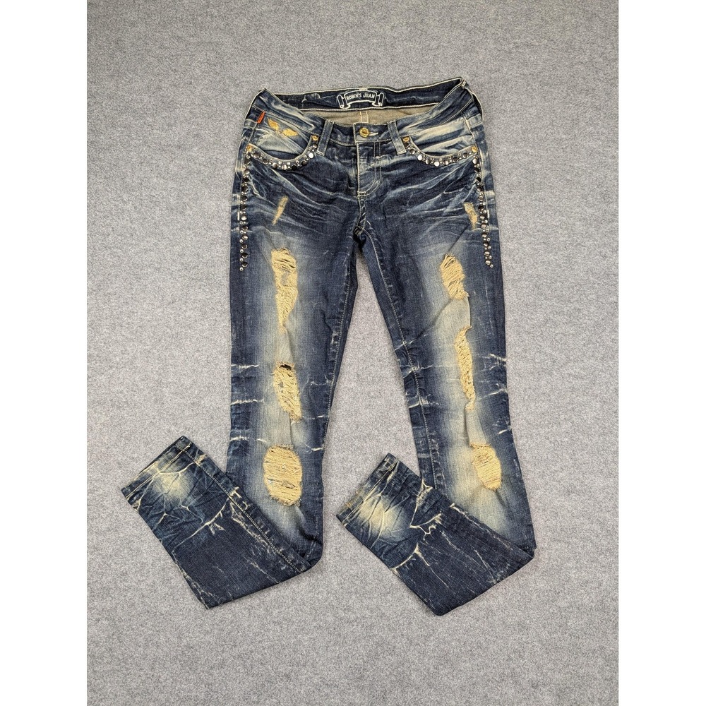 Robin's Jean Distressed Skinny Jeans in Dark Blue with Yellow Fade